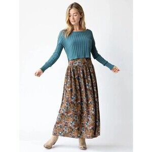 Natural Life Womens Olive Floral Lisa  Bohemian Pull On Maxi Skirt XS